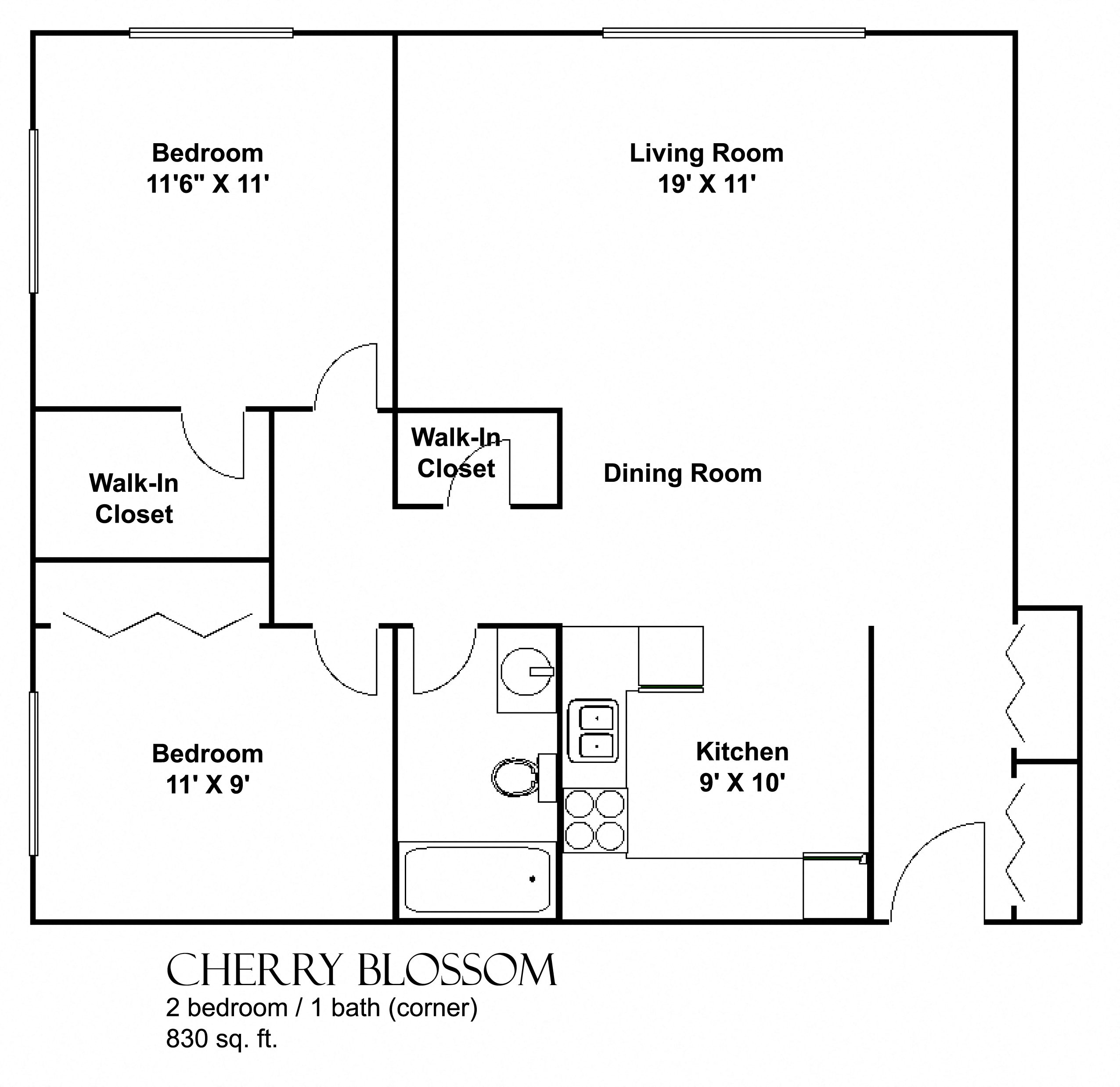 Floor plan for 2 beds, 1 bath, 830 sqft